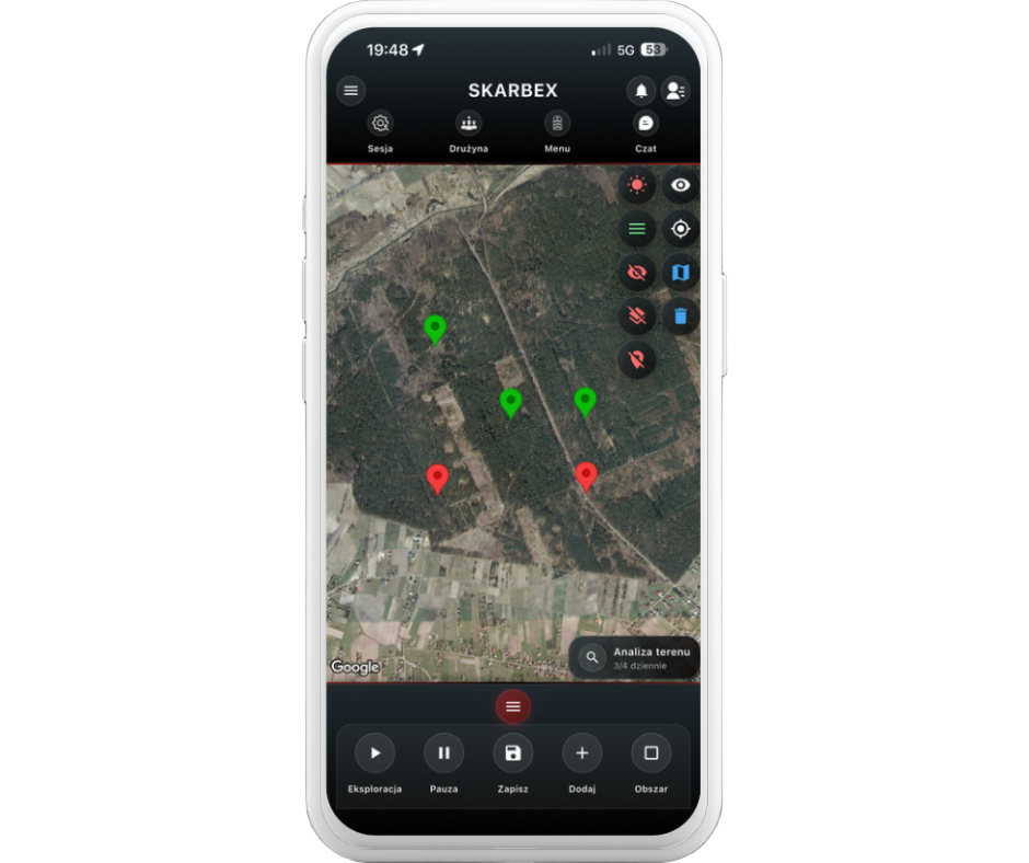 SkarbeX mapa, sesja terenowa i GPS tras